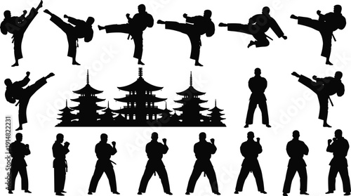 Set of karate martial arts silhouettes with fighter poses kicking and punching, Japanese pagoda temple background, sports combat vector illustration.