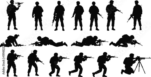 Set of soldier silhouettes in various combat poses including standing, aiming, and crawling, military army force vector illustration, isolated