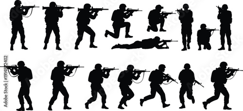 Set of soldier silhouettes in various combat poses including standing, kneeling, and prone, military army force vector illustration, isolated.