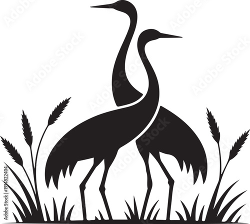 Two Black Silhouette Cranes Standing in Grass white