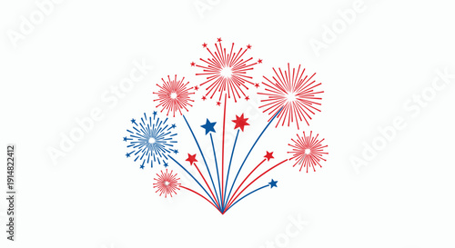 Vector illustration of red, white, and blue fireworks exploding isolated on transparent background