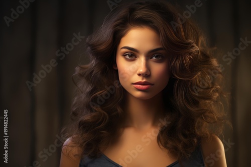 Young woman with brown eyes posing against a dark background