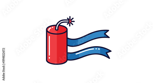 Vector illustration of a red dynamite stick with a lit fuse and blue ribbons flowing out, isolated on transparent background