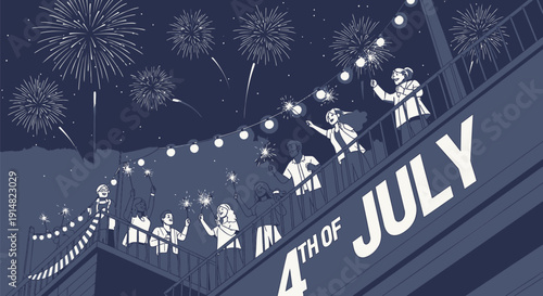 Vector illustration of people celebrating 4th of July on a bridge with fireworks and string lights at night