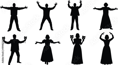Set of theater actor silhouettes with various dramatic expressions, holding masks and performing on stage, black and white vector illustration