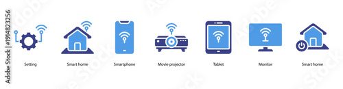 Smart Living Devices web banner illustration featuring Setting, Smart Home, Smartphone, Movie Projector, Tablet, Monitor, and Smart Home.