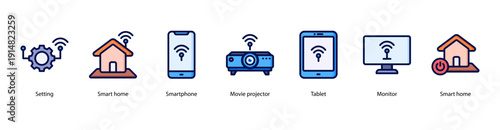 Smart Living Devices web banner illustration featuring Setting, Smart Home, Smartphone, Movie Projector, Tablet, Monitor, and Smart Home.
