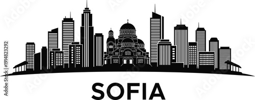 Sofia city skyline silhouette with famous cathedral and modern skyscrapers, Bulgaria capital urban landscape, black and white vector illustration, isolated.