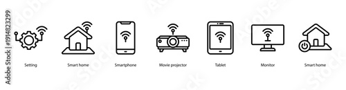 Smart Living Devices web banner illustration featuring Setting, Smart Home, Smartphone, Movie Projector, Tablet, Monitor, and Smart Home.