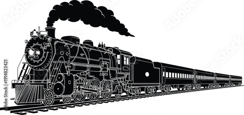 Vintage steam locomotive pulling a passenger train on tracks with smoke, classic railway transportation engine, black and white vector illustration.