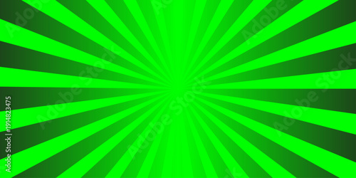 A bright abstract green sunburst background features radial light rays and a vintage starburst pattern in a retro vector illustration design for an energetic summer wallpaper backdrop