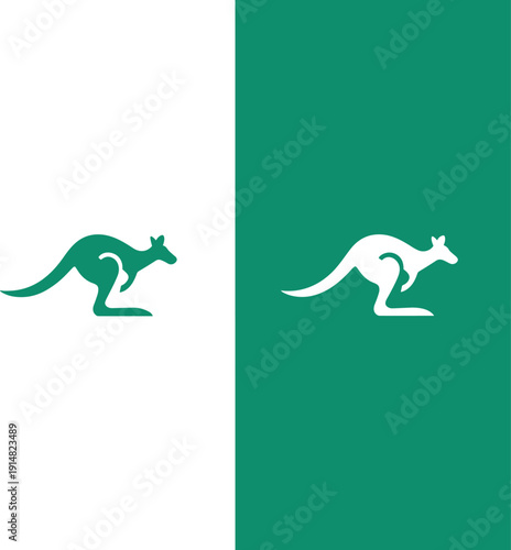 Kangaroo silhouette logo set in green and white minimal flat jumping marsupial animal vector icon isolated