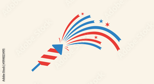 vector illustration of a red white and blue firework rocket with streaks and stars