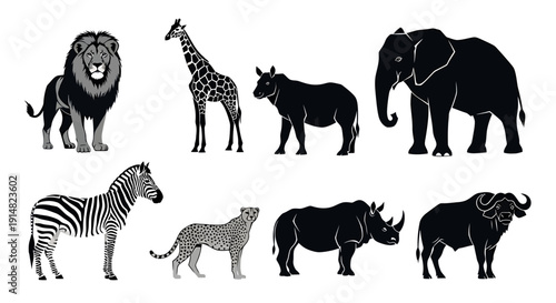 Various Wild Animals Standing Together in a Collection of Black and White Illustrations