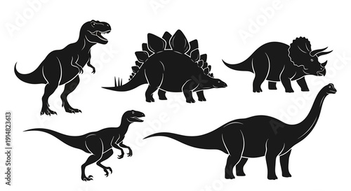 Collection of dinosaur silhouettes showcasing different species in a minimalist style from a straightforward viewpoint