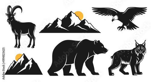 Wild animals and mountains silhouetted against a bright landscape view