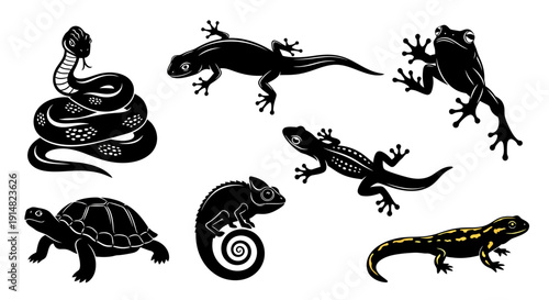 Various reptiles including lizards and snakes in different poses illustrated in a graphic style