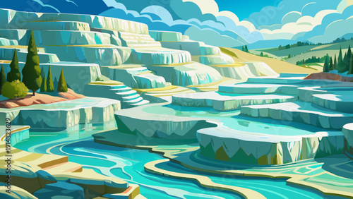 Very beautiful cascading white terraces of Pamukkale, filled with turquoise mineral waters flowing gently over layered limestone formations beneath open Anatolian skies.