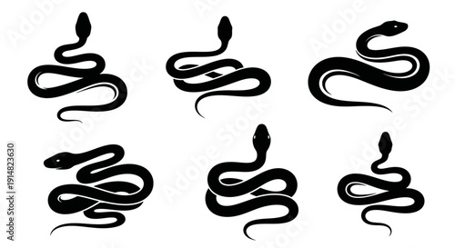Set of six black snakes in different poses, coiled and uncoiled, in a illustrations collection