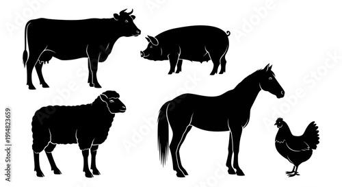 Collection of farm animals including cow, pig, sheep, horse, and chicken in a simple illustration