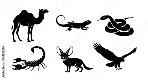 Diverse Desert Wildlife Silhouettes Featuring Camel, Scorpion, Lizard, Snake, Coyote, and Eagle in a Striking Black and White Illustration