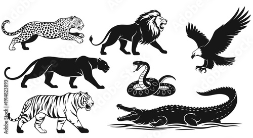 Wild animals illustration featuring leopard, lion, eagle, snake, crocodile, and tiger in various actions against a clean background from a straightforward viewpoint