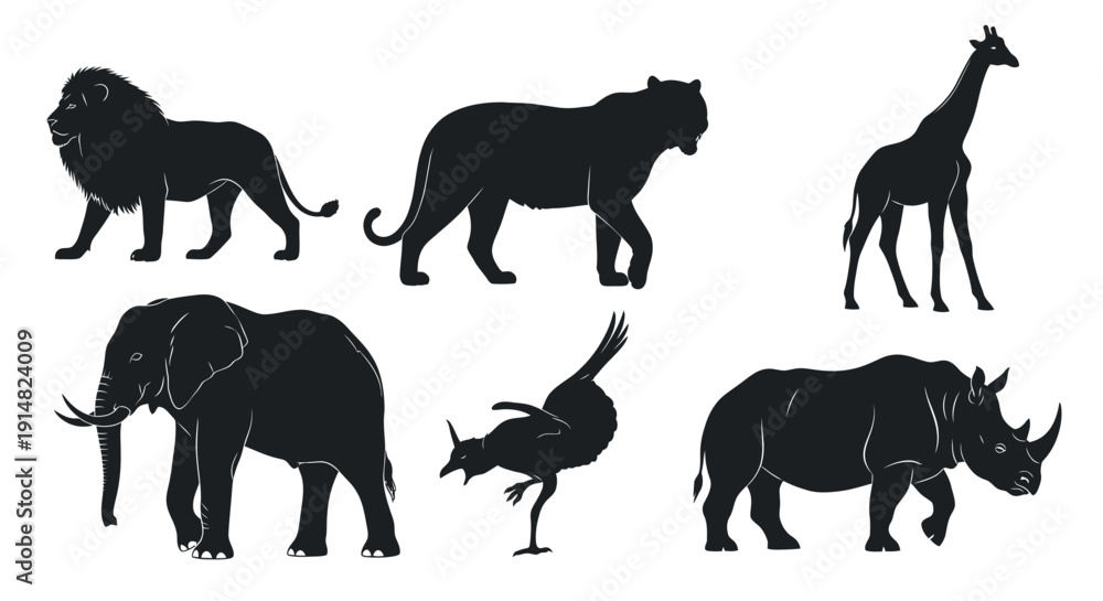 Fototapeta premium A collection of African wildlife silhouettes including lion, leopard, giraffe, elephant, ostrich, and rhinoceros in a graphic representation