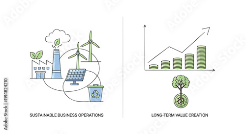 Vector illustration of sustainable business operations and long-term value creation with eco-friendly icons and growing graph