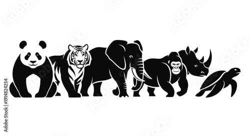 Endangered wildlife silhouettes on transparent background, featuring panda, tiger, elephant, rhino, and penguin in a row
