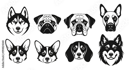 Collection of various dog breeds illustrated in black and white, showcasing different facial expressions and features from a front view.