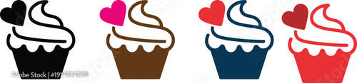 Colorful cupcake icon set with heart decoration, featuring black, brown, blue, and red variations, symbolizing dessert, celebration, love, and sweet bakery design