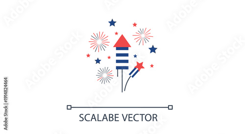 Vector illustration of a rocket with red, white, and blue fireworks and stars on transparent background