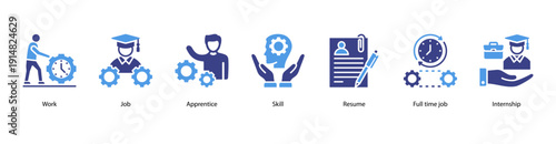 Job Preparation web banner illustration featuring Work, Job, Apprentice, Skill, Resume, Full time job, and Internship.