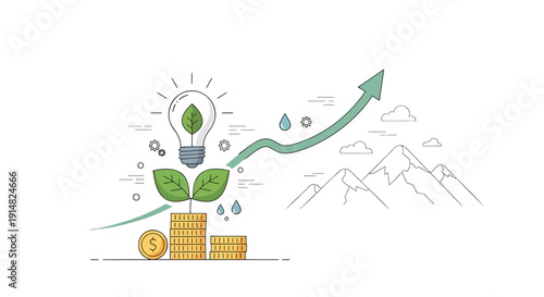 Vector illustration of a growing plant with a lightbulb and coins, symbolizing eco-friendly business growth and financial success