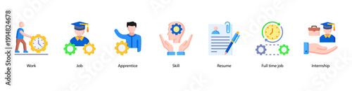Job Preparation web banner illustration featuring Work, Job, Apprentice, Skill, Resume, Full time job, and Internship.