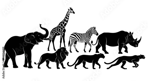 Various wild animals gathered together in a savannah landscape viewed from a distance with elephant, giraffe, zebra, rhinoceros, and lion prominent
