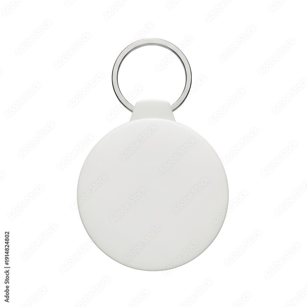 Fototapeta premium A white round keychain with a silver ring attachment on a white background isolated on transparent background
