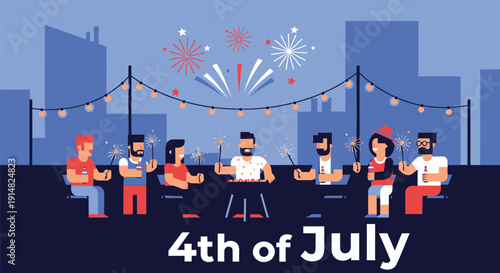 Vector illustration of people celebrating 4th of July with fireworks and string lights in cityscape