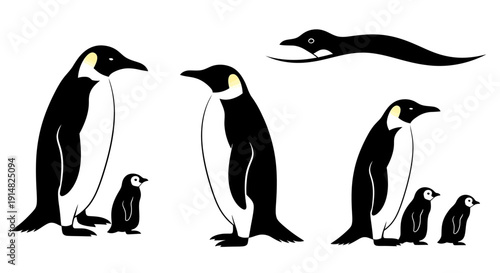 Penguins and their chicks standing together in a simple illustrative style, viewed from the side