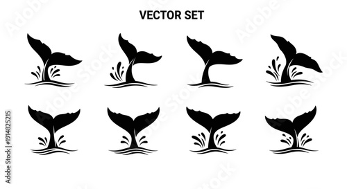 Set of black vector illustrations of whales tails in various poses on a simple background viewed from different angles