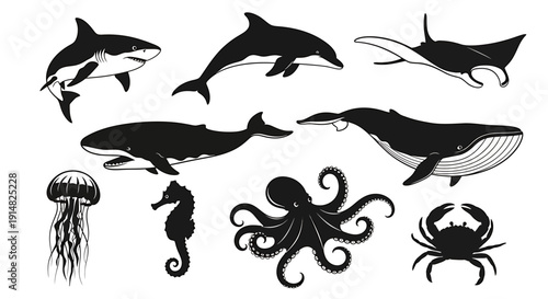 Diverse Marine Life Silhouettes Featuring Whales, Dolphins, and Sea Creatures in Various Illustrative Styles