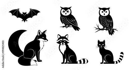 Wild animals including a fox, raccoon, owl, bat, and cat sitting together in a serene forest environment from a distant viewpoint