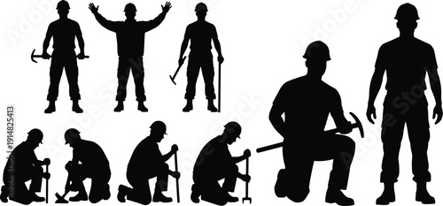 Construction worker silhouettes in hard hats performing various tasks with tools, teamwork labor illustration concept for building, industry, engineering, manual work, occupational safety artwork
