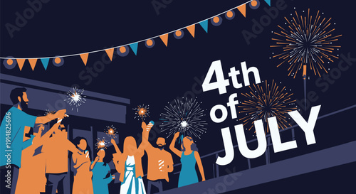 Vector illustration of people celebrating 4th of July with fireworks and bunting at night