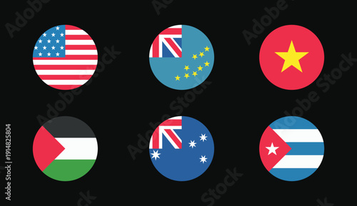World flag circle icon set. Flat country badge collection on black background. Ideal for travel app branding design.