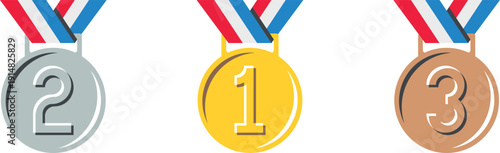 Gold silver bronze medal set with ranking numbers. Award winner badges for competition and achievement. Clean vector graphics for sport, games, and design.
