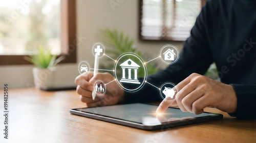 Wallpaper Mural Digital banking and comprehensive financial planning concept showing a user interacting with a holographic interface connecting a central bank to health, auto, family, savings, and home assets on a ta Torontodigital.ca