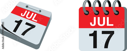 Calendar July 17 icon set in flat style. Modern date reminder symbols for schedule and planning. Clean vector graphics for apps, UI, and productivity design.