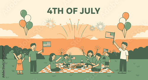 Vector illustration of diverse people celebrating 4th of July with fireworks, balloons and American flags in a park
