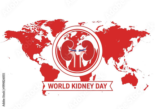 World kidney day graphic with kidneys and world map in red